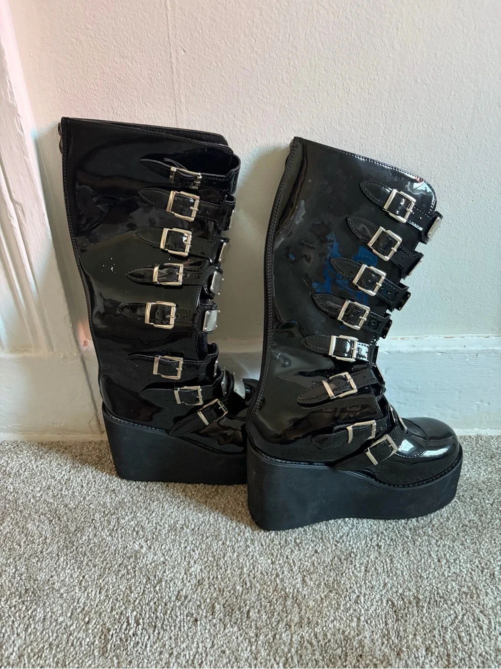 Patent Black Platform Buckle Boots - Women